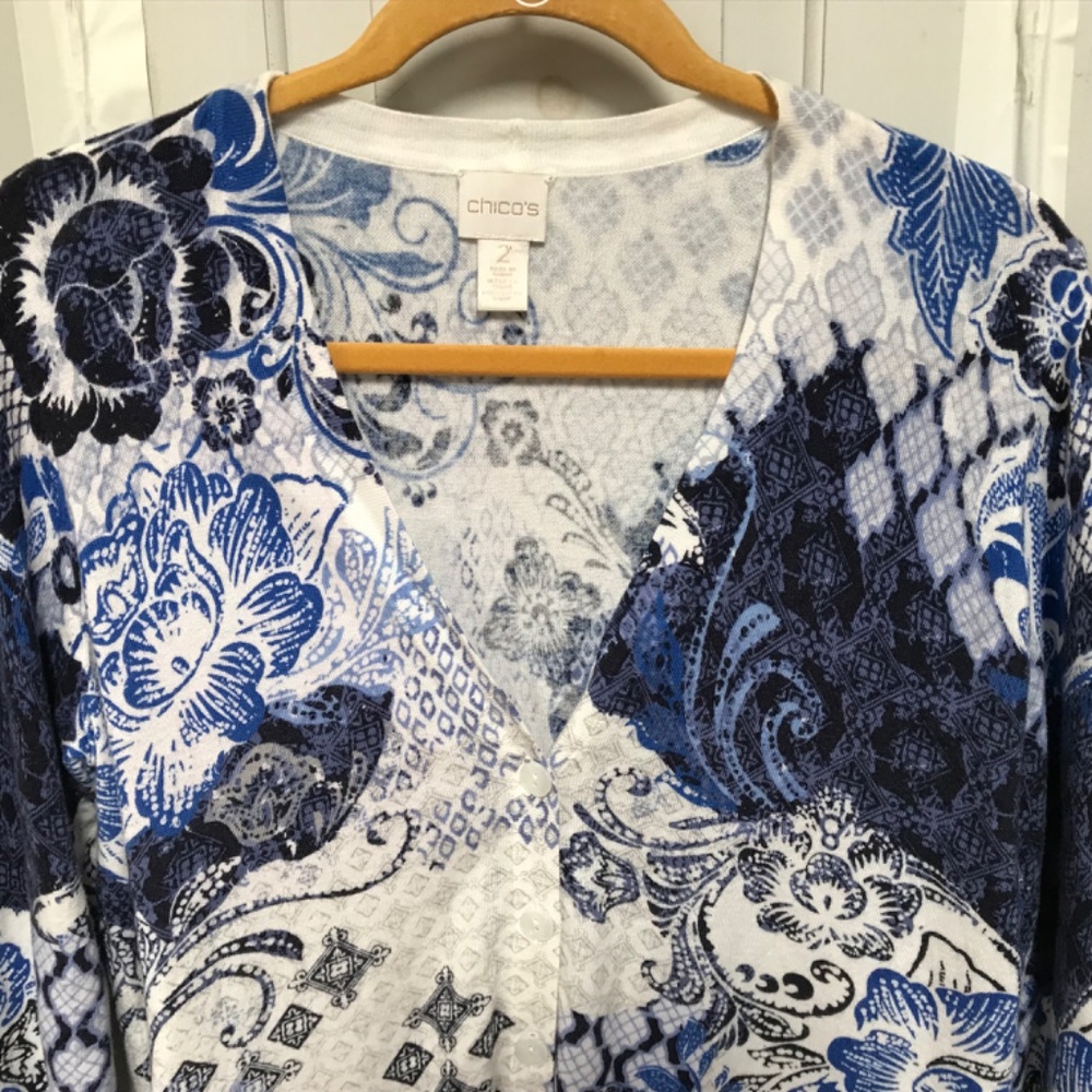 Chico's Blue and White Floral Button Down Cardigan - Picture 6 of 14